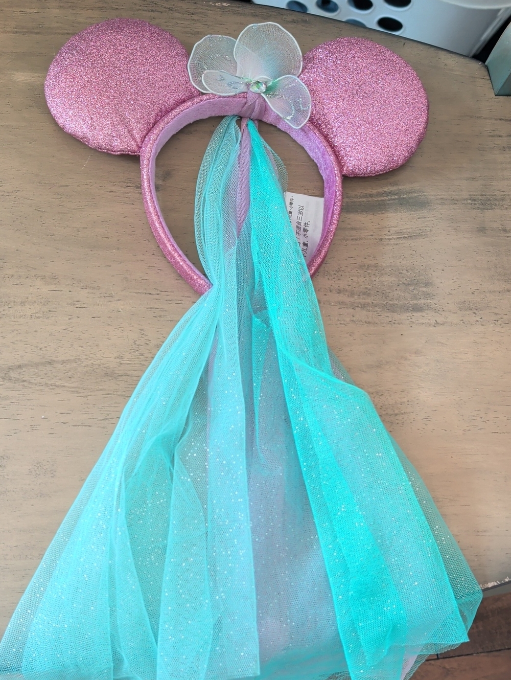 Disney Pink Glitter Mouse Ear Headband with Aqua Tulle